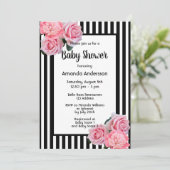 Baby Shower black white stripes pink flowers Invitation (Standing Front)