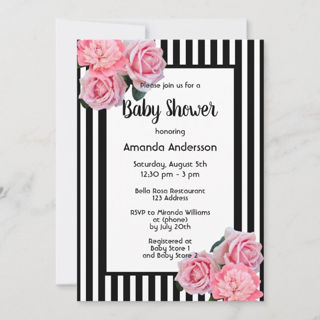 Baby Shower black white stripes pink flowers Invitation (Front)