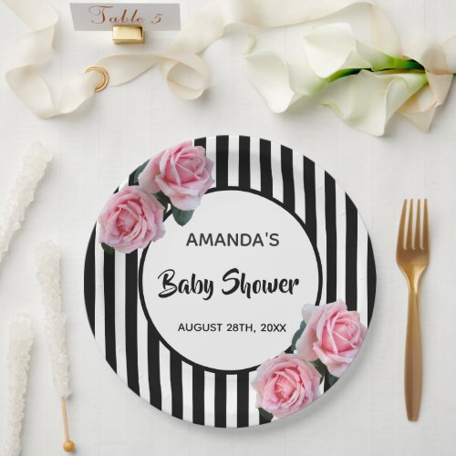 Baby Shower black white stripes pink roses Paper Plates