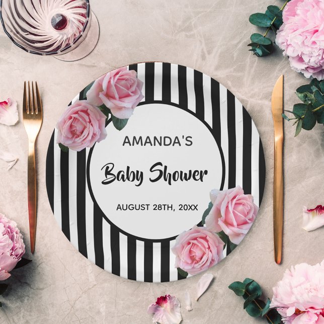 Baby Shower black white stripes pink roses Paper Plates (Creator Uploaded)