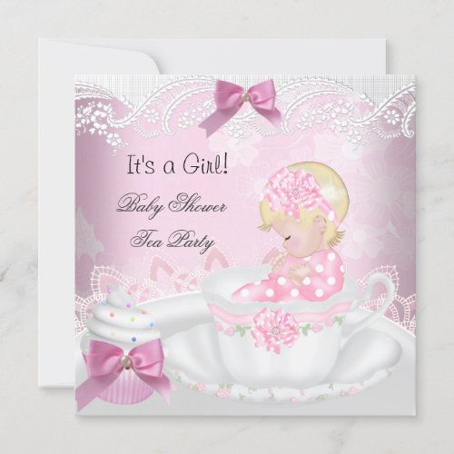 Baby Shower Blonde Girl Pink Baby Teacup Cupcake Invitation