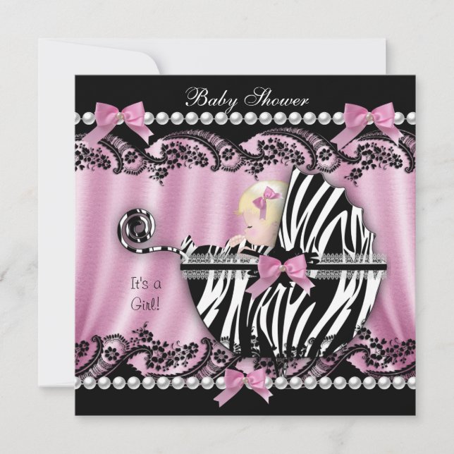Baby Shower Blonde Haired Girl Pink Zebra 2 Invitation (Front)