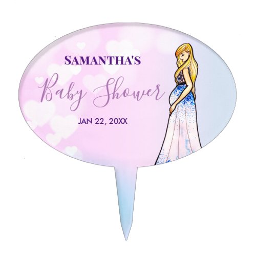 Baby Shower Blonde Lady in Maternity Long Dress Ca Cake Topper