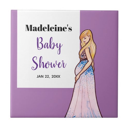 Baby Shower Blonde Lady in Maternity Long Dress Ceramic Tile