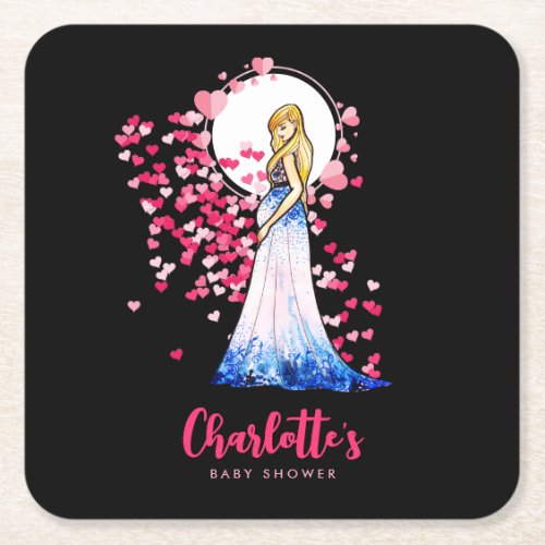 Baby Shower Blonde Lady in Maternity Long Dress Square Paper Coaster