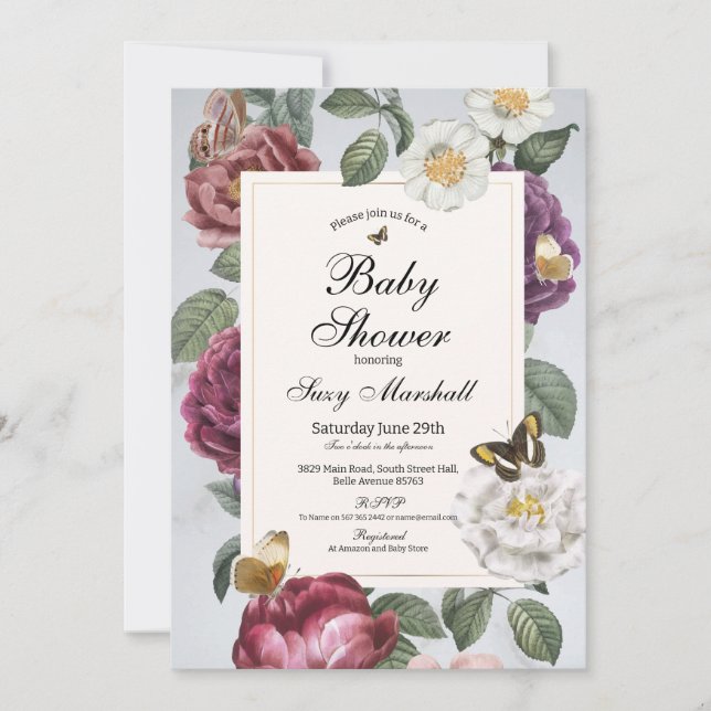 Baby Shower Bloom Butterfly Floral Vintage Invitation (Front)