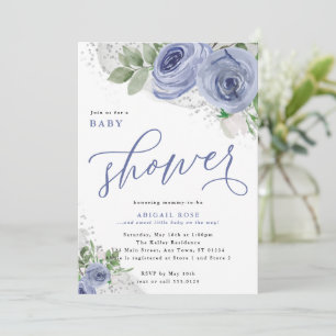 Baby Shower, Blue and Silver Watercolor Flowers Invitation