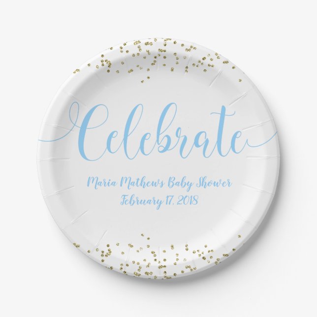 Baby Shower Blue Baby Boy Celebrate Gold Confetti Paper Plates (Front)