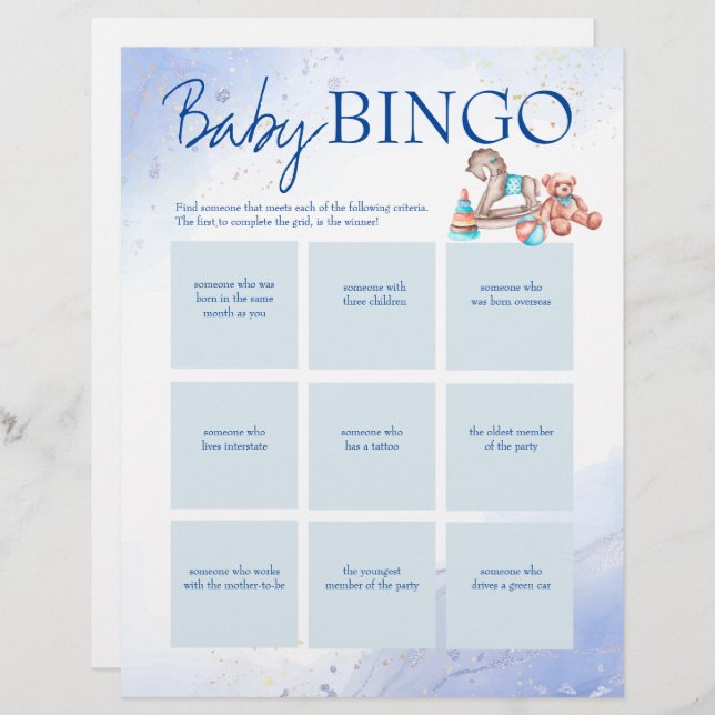 Baby shower blue bingo game personalized template letterhead (Front/Back)