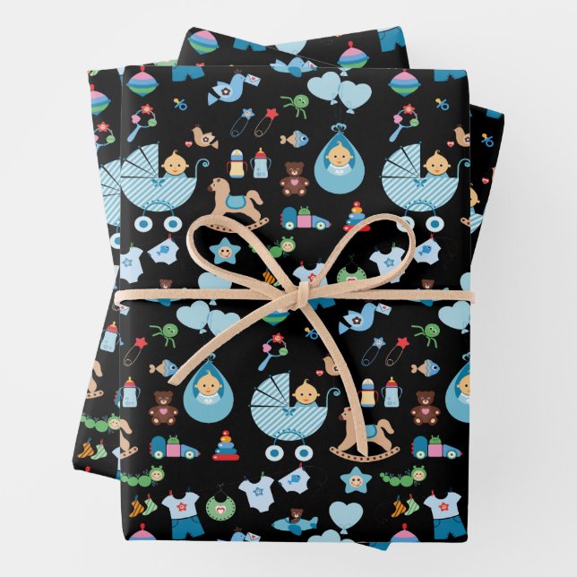 Baby Shower Blue/Black Wrapping Paper (In situ)