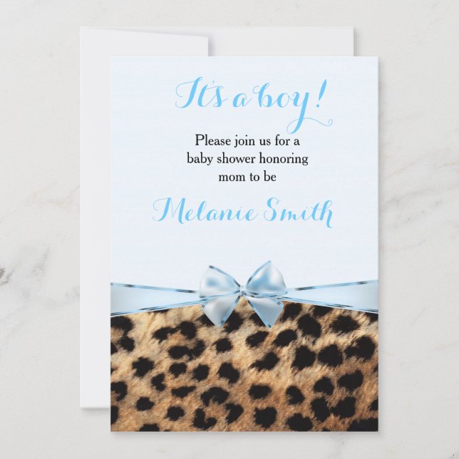 Baby Shower Blue Bow Cheetah Leopard Boy Invite (Front)