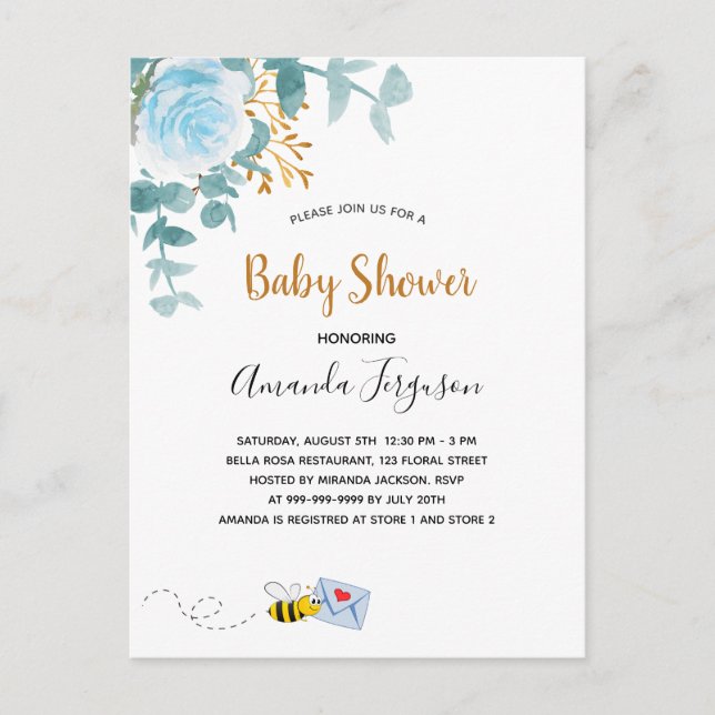 Baby Shower blue boy floral greenery mom to bee Postcard (Front)