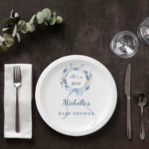 Baby Shower blue boy florals wreath Paper Plates
