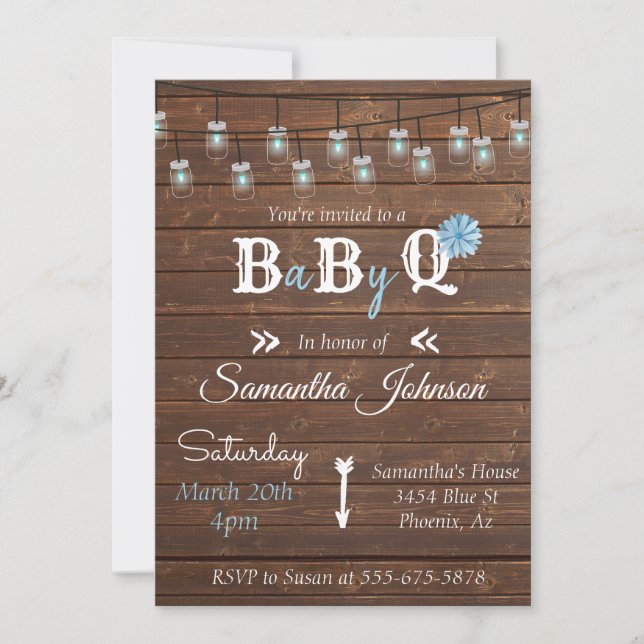 Baby Shower Blue Boy Party BBQ Rustic Wood Invitation (Front)