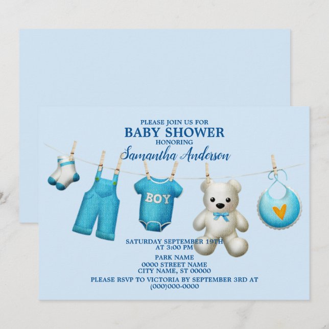 Baby Shower Blue Boys Beautiful Elegant Invitation (Front/Back)