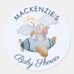 Baby Shower Blue Boy's Elephant Plane Classic Rou Classic Round Sticker