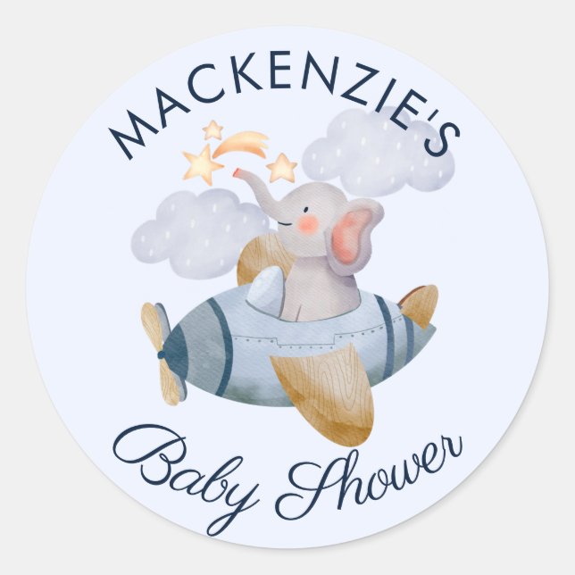 Baby Shower Blue Boy's Elephant Plane  Classic Rou Round Sticker (Front)