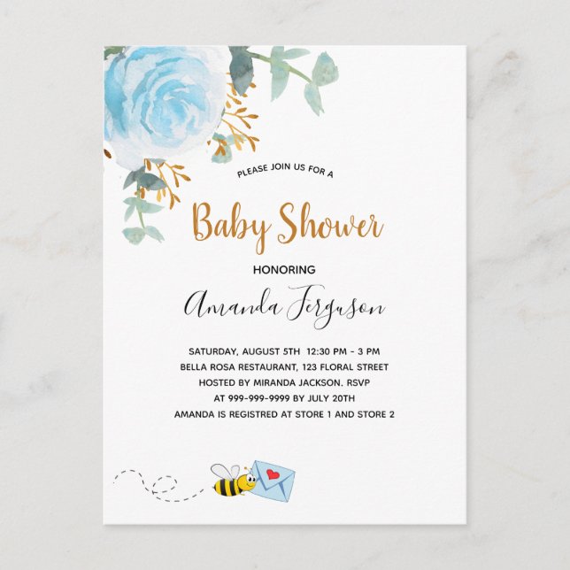 Baby Shower blue bumble bee floral greenery boy Invitation Postcard (Front)