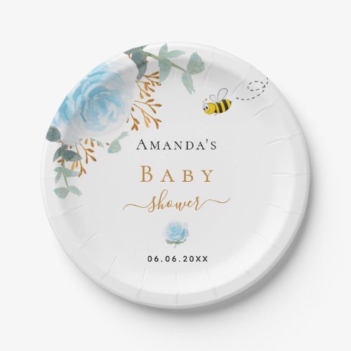 Baby Shower blue bumble bee floral greenery boy Paper Plates