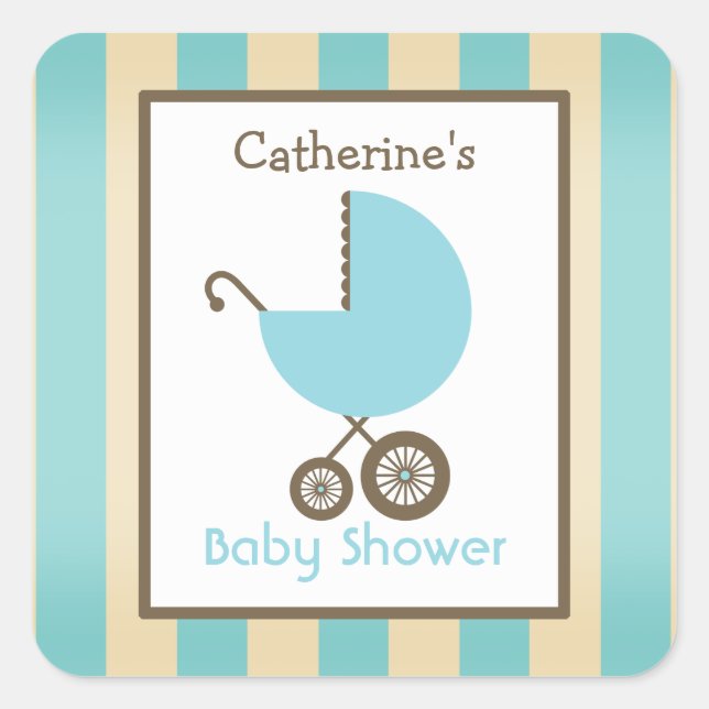 Baby Shower Blue Carriage & Stripes Square Sticker (Front)