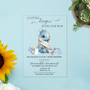 Baby Shower Blue Dragon Watercolor  Acrylic Invitations
