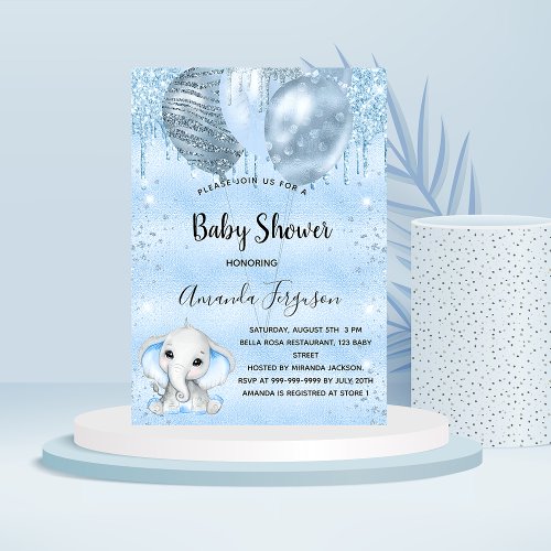 Baby Shower blue elephant boy balloons Invitation