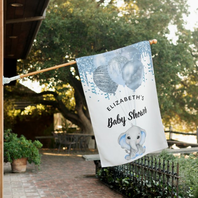 Baby Shower blue elephant boy balloons white House Flag (In SItu)