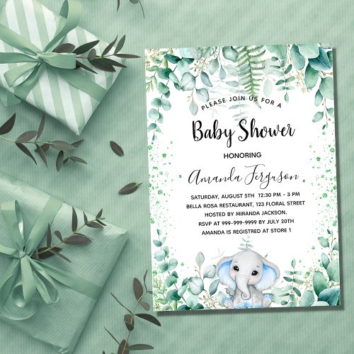 Baby Shower blue elephant boy eucalyptus greenery Invitation