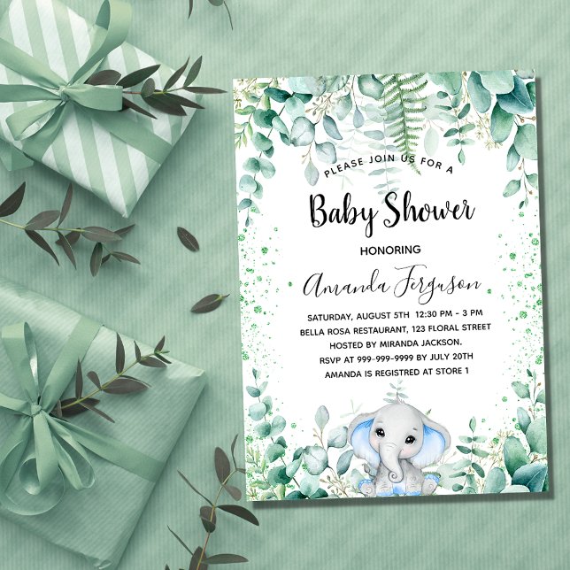 Baby Shower blue elephant boy eucalyptus greenery Invitation (Creator Uploaded)