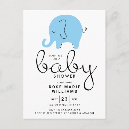 BABY SHOWER  Blue Elephant Doodle Postcard