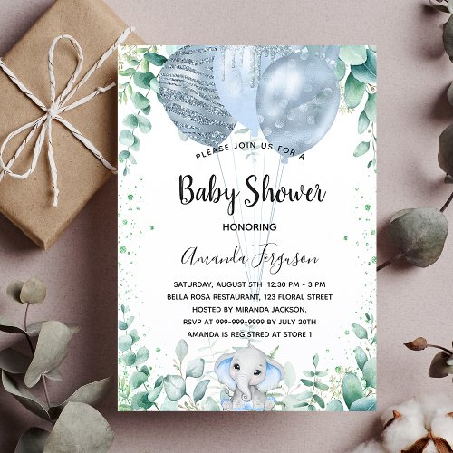 Baby Shower blue elephant eucalyptus boy luxury Invitation