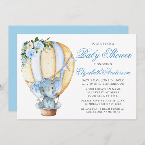 Baby Shower Blue Floral Balloon Elephant Bow Invitation