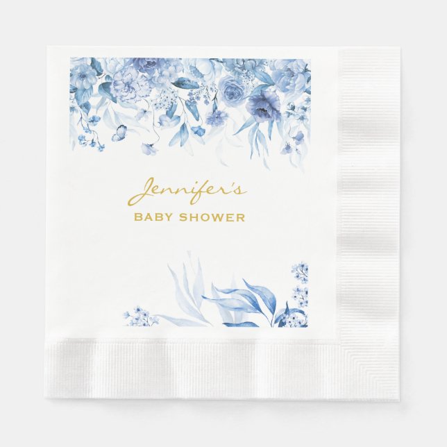 Baby Shower Blue Floral Drop Blue Coined Luncheon Napkins (Front)