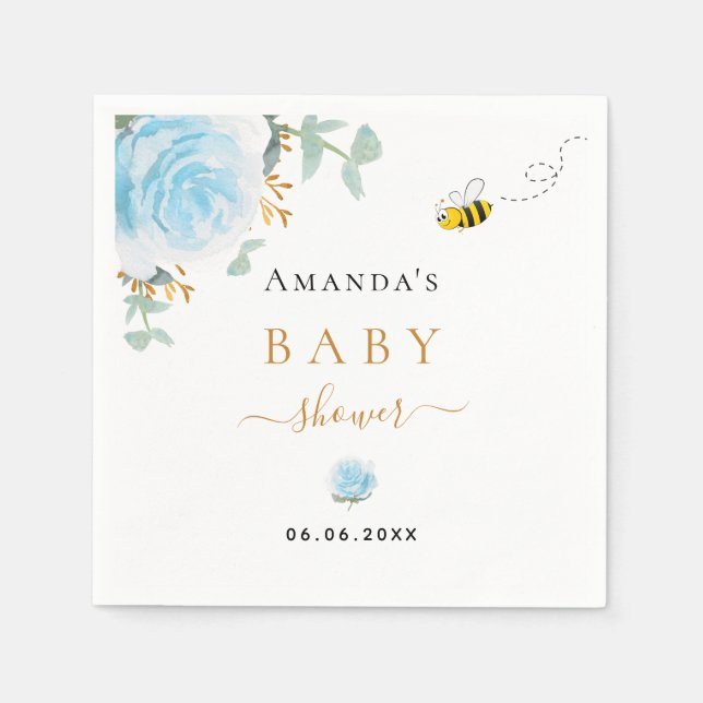 Baby Shower blue floral greenery bee boy Napkins (Front)