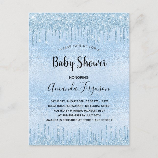 Baby Shower blue glitter drips boy Invitation Postcard (Front)