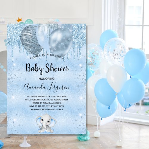 Baby Shower blue glitter elephant boy balloons Invitation