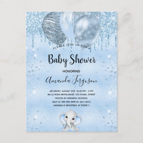 Baby Shower blue glitter elephant boy balloons Invitation Postcard