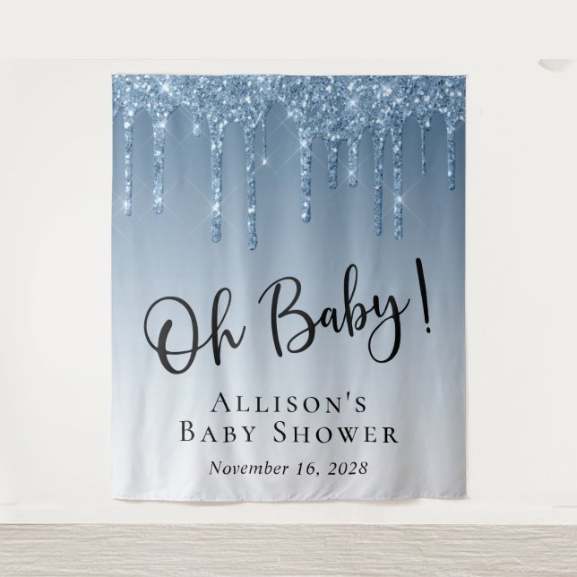 Baby Shower Blue Glitter Photo Backdrop (Front)