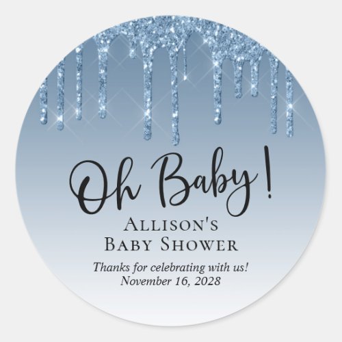Baby Shower Blue Glitter Thank You Classic Round Sticker