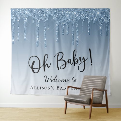 Baby Shower Blue Glitter Welcome Photo Backdrop