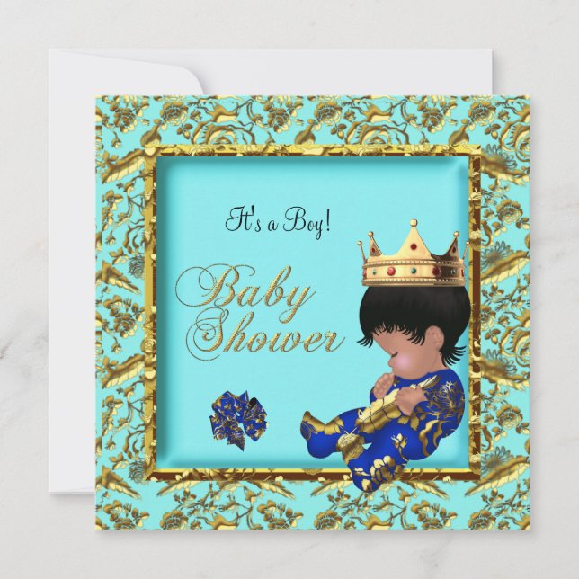Baby Shower Blue Gold Boy crown prince Invitation (Front)