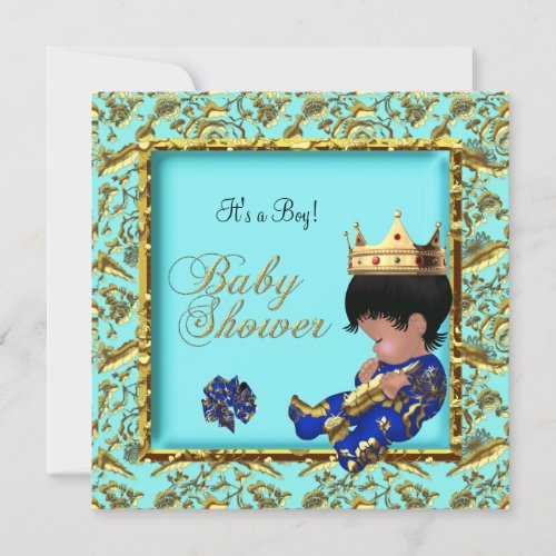 Baby Shower Blue Gold Boy crown prince Invitation