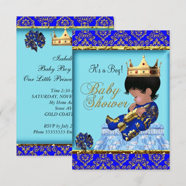 Baby Shower Blue Gold Boy Prince Invitation (Front/Back)