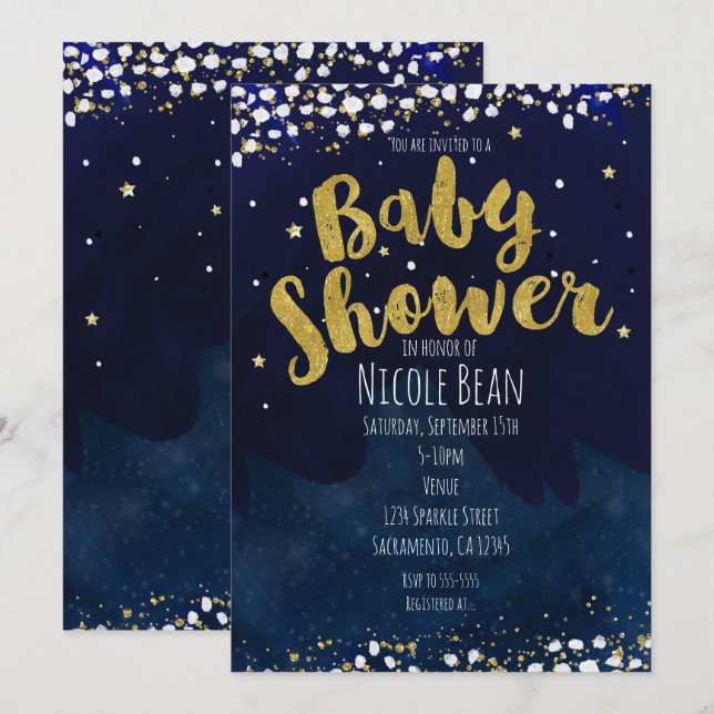 Baby Shower Blue & Gold Starry Night Invitations (Front/Back)