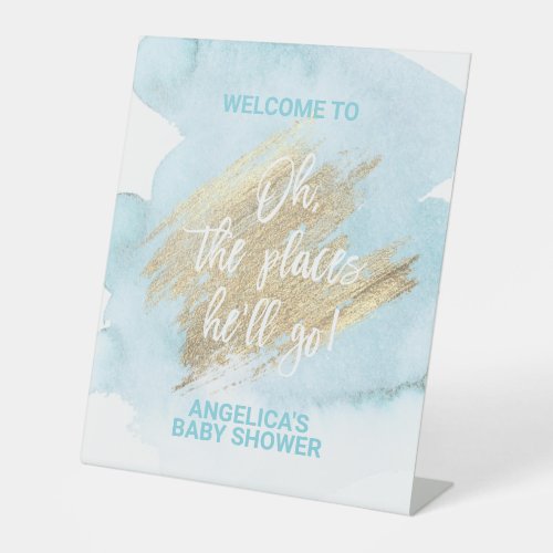 Baby Shower Blue Gold Watercolor BOY Pedestal Sign