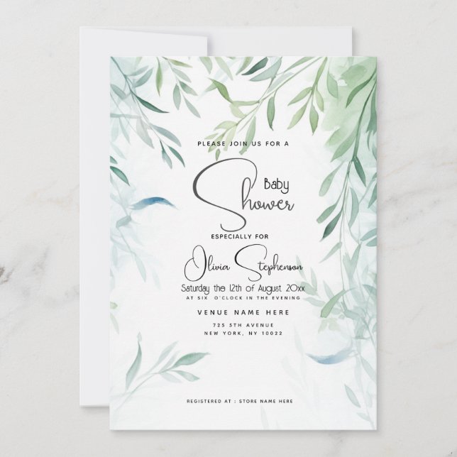 Baby Shower- Blue Green Willow Foliage  Invitation (Front)