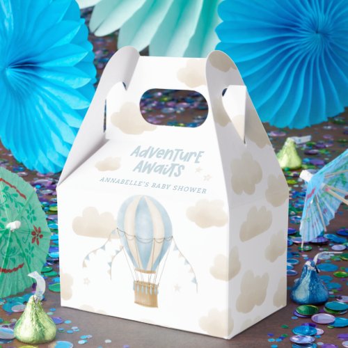 Baby shower blue hot air balloon adventure awaits favor boxes