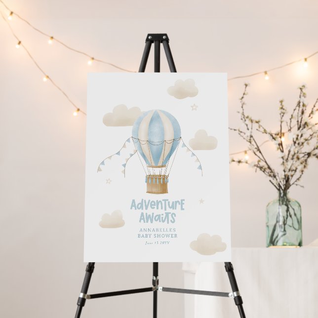 Baby shower blue hot air balloon adventure awaits foam board (In Situ (Stand))