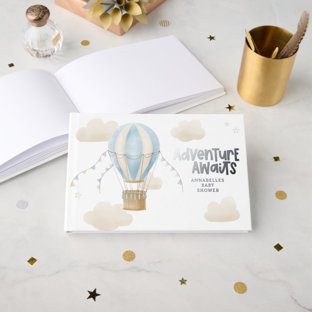 Baby shower blue hot air balloon adventure awaits foil guest book  (Front Open)