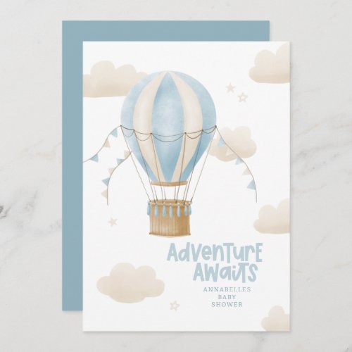 Baby shower blue hot air balloon adventure awaits invitation
